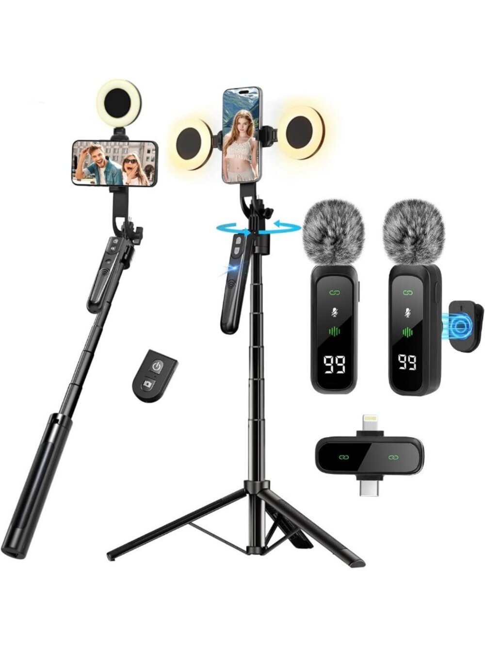 Complete Vlogging Kit for Smartphones - Tripod, LED Light & Microphones Included